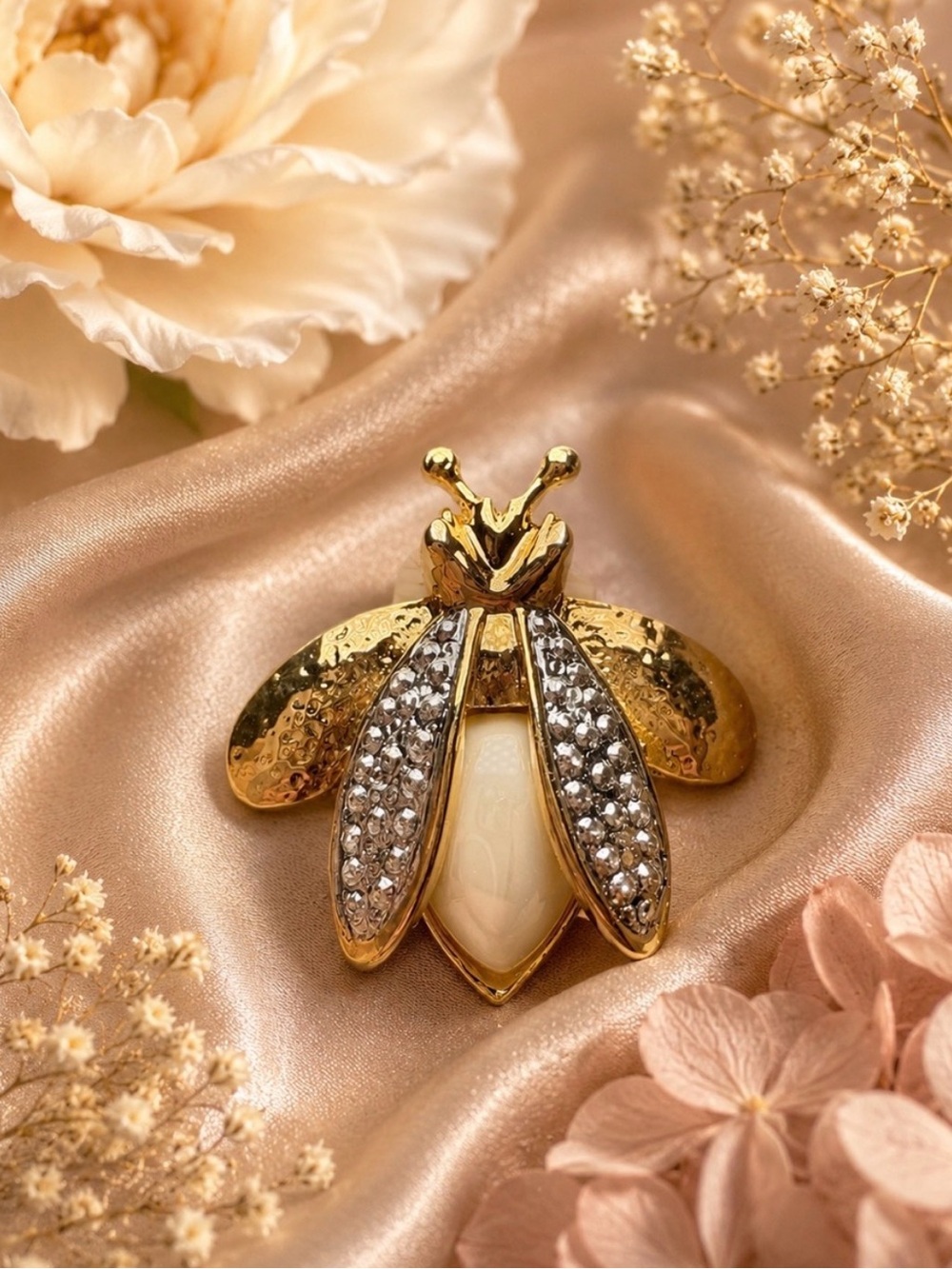 Gold Bee Brooch with Ivory Center and Crystal Wings